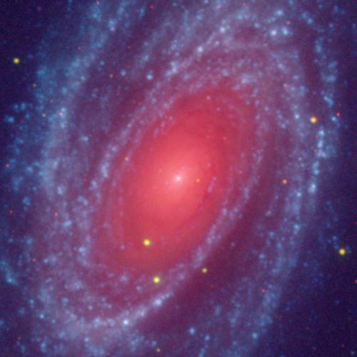 M81 3 Color image: Red: DSS2R, Green: GALEXNear, Blue: GALEXFar 