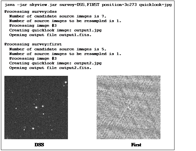 Text Box: java -jar skyview.jar survey=DSS,FIRST position=3c273 quicklook=jpg
Processing survey:dss
  Number of candidate source images is 7.
  Number of source images to be resampled is 1.
  Processing image #3
  Creating quicklook image: output1.jpg
  Opening output file output1.fits.

Processing survey:first
  Number of candidate source images is 5.
  Number of source images to be resampled is 1.
  Processing image #3
  Creating quicklook image: output2.jpg
  Opening output file output2.fits.

                          
DSS                                                                      First        
